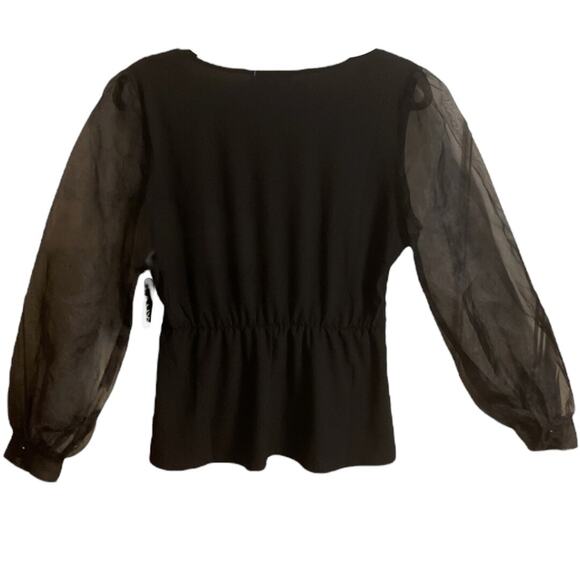 AUW Dressy Blouse Women's Size M Black Sheer Long Sleeves Gold Pearl Belt - Picture 10 of 12
